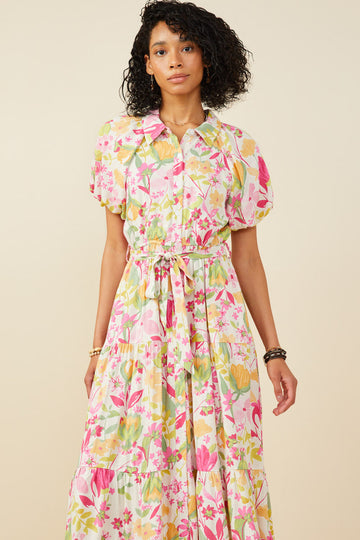 HY9566 Pink Womens Floral Print Puff Sleeve Collared Dress Gif